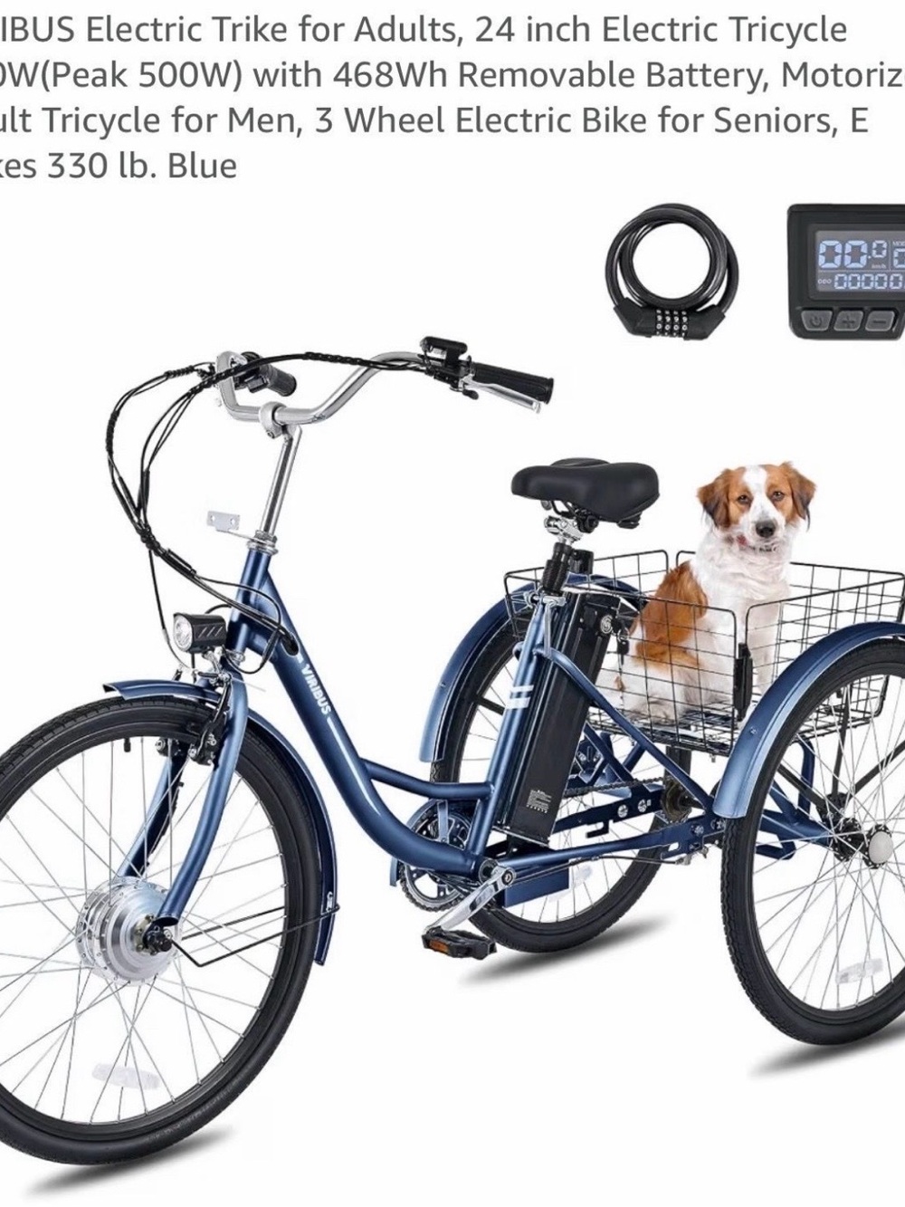 Blue 3-Wheel Electric Dog Trike with Rear Pet Basket local pick up only